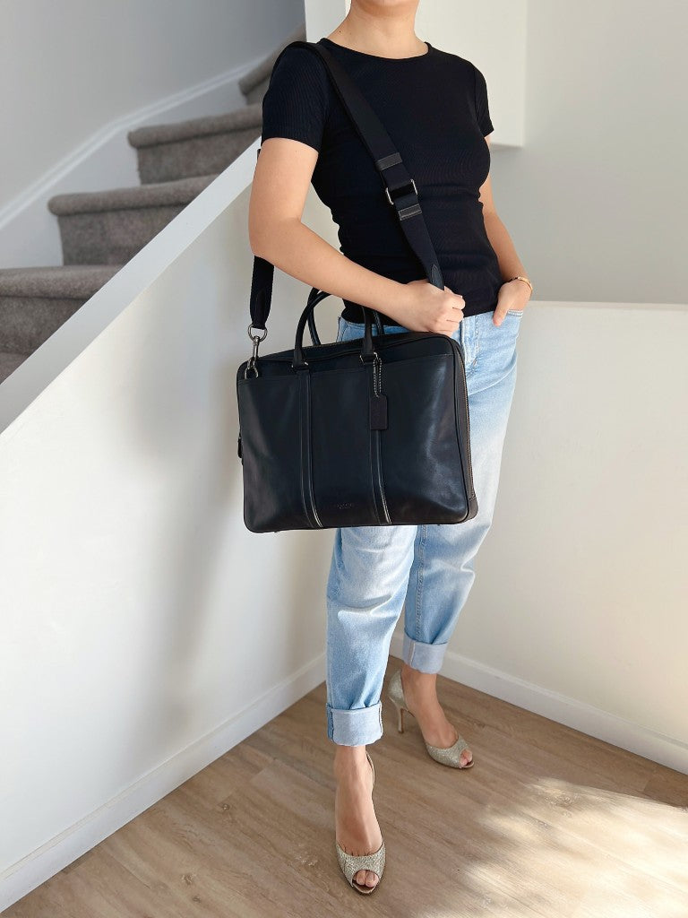 Coach Black Leather Large Business Unisex 2 Way Crossbody Bag