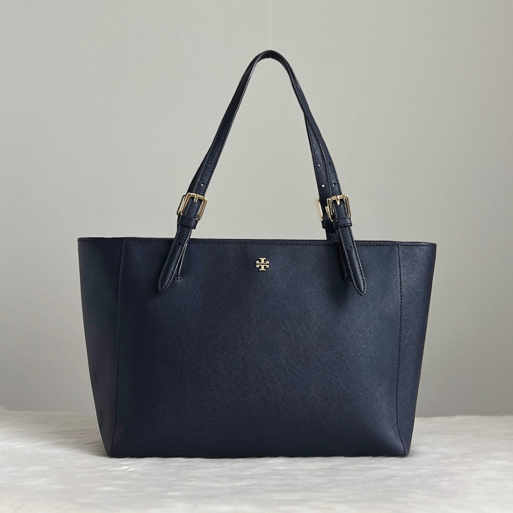 Tory Burch Navy Leather Front Logo Carryall Shoulder Bag Like New