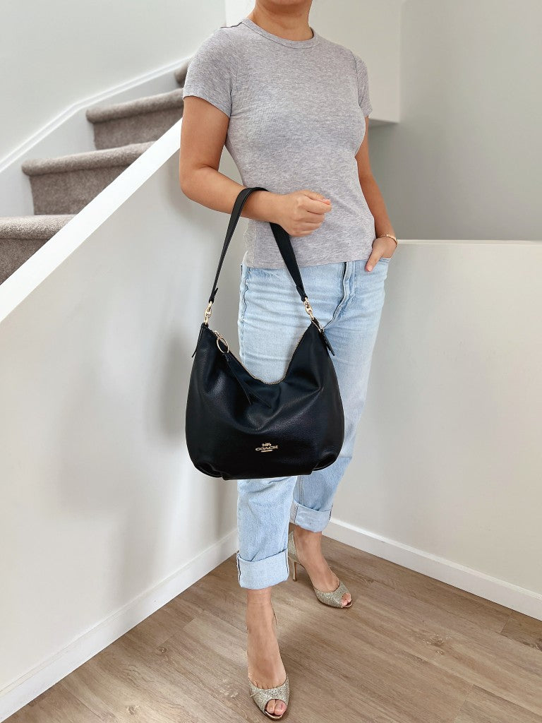 Coach Black Leather Slouchy Front Logo Shoulder Bag Like New