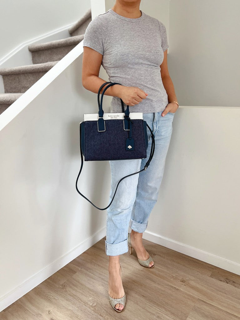 Kate Spade Two Tone Leather Denim Patchwork 2 Way Shoulder Bag Like New