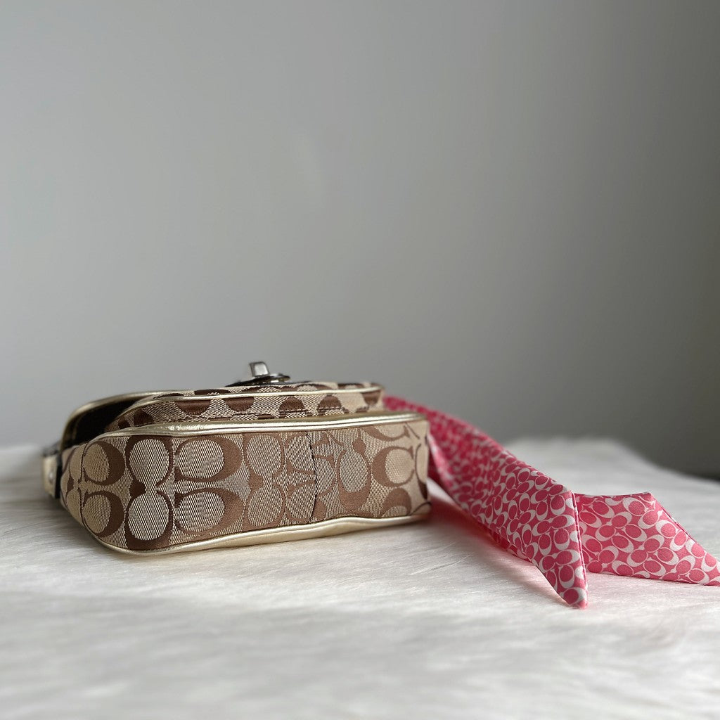 Coach Gold Leather Monogram Scarf Detail Crossbody Shoulder Bag Excellent