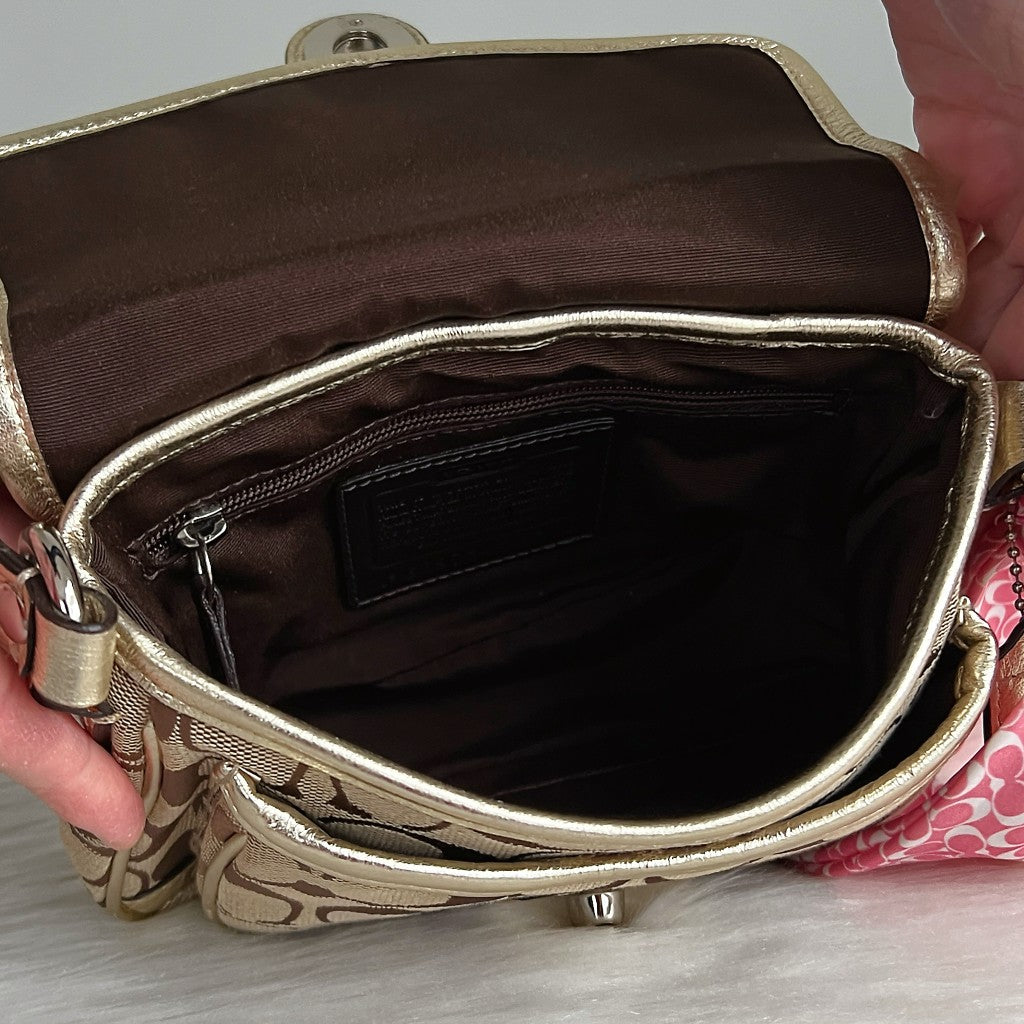 Coach Gold Leather Monogram Scarf Detail Crossbody Shoulder Bag Excellent