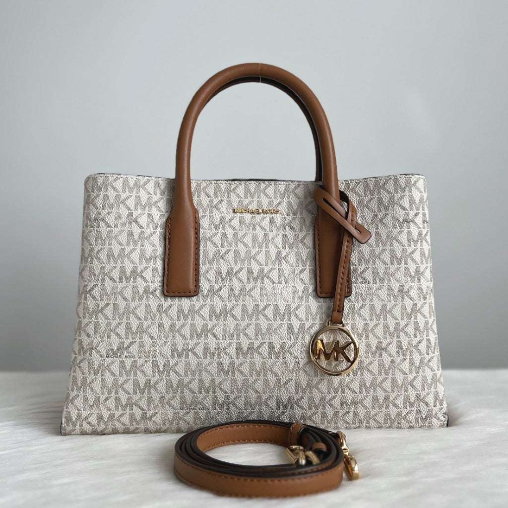 Michael Kors Caramel Leather Monogram Triple Compartment 2 Way Shoulder Bag Like New