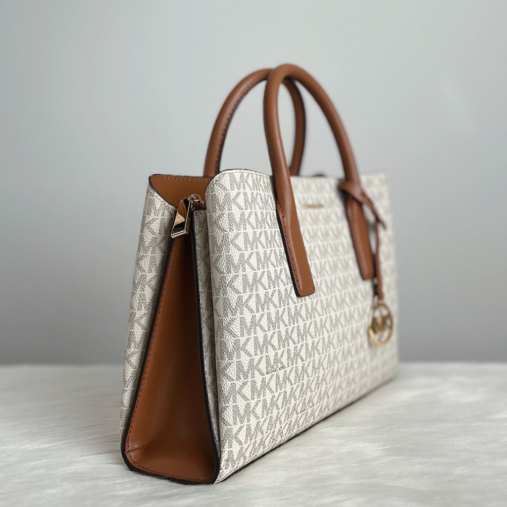 Michael Kors Caramel Leather Monogram Triple Compartment 2 Way Shoulder Bag Like New