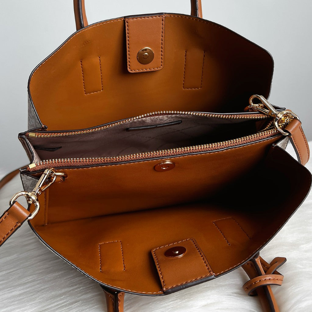 Michael Kors Caramel Leather Monogram Triple Compartment 2 Way Shoulder Bag Like New