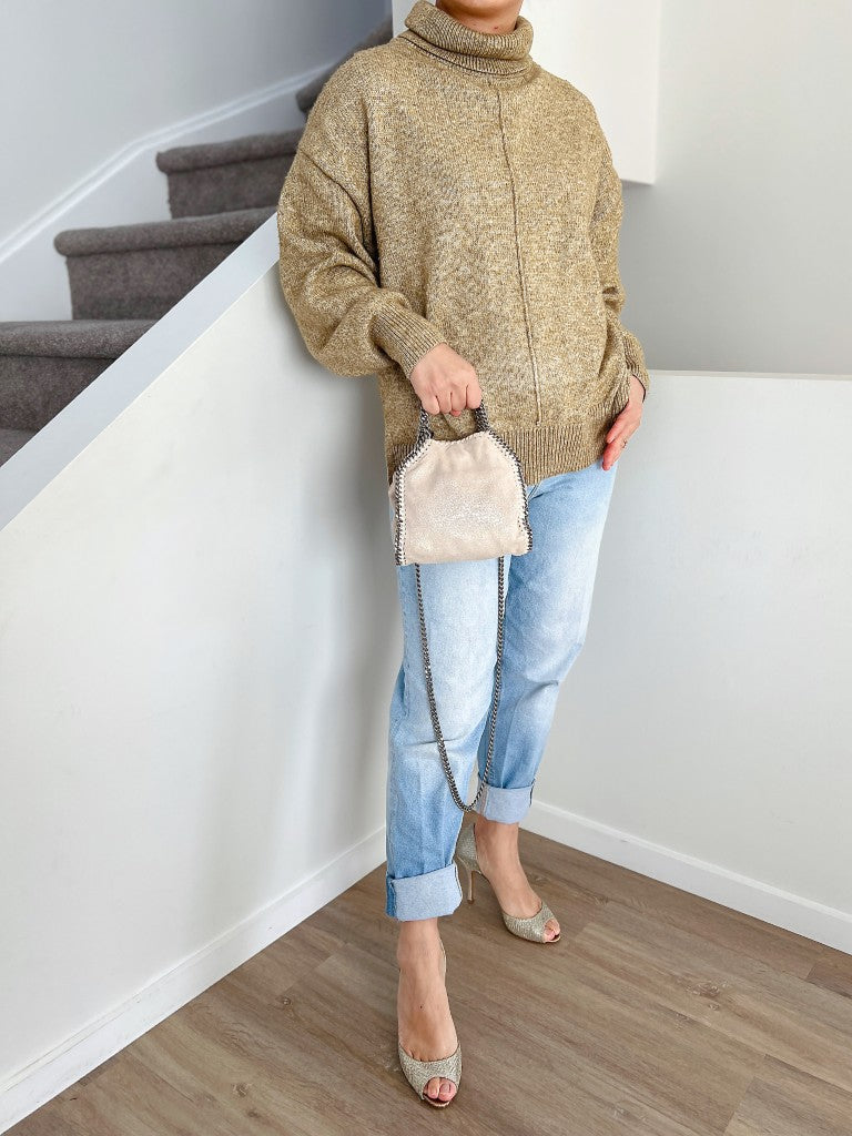 Stella Mccartney Metallic Beige Signature Falabella Mini 2 Way Crossbody Shoulder Bag Excellent