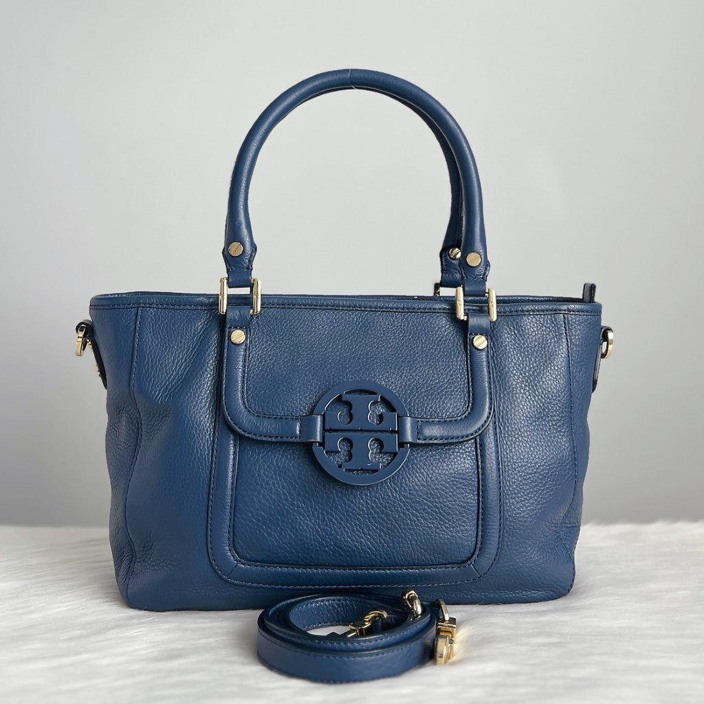 Tory Burch Blue Leather Front Detail 2 Way Shoulder Bag Like New