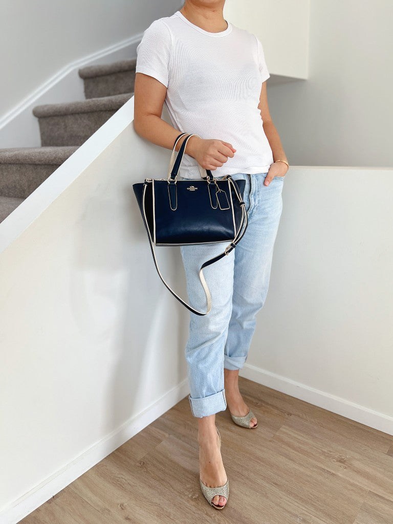 Coach Navy Leather Front Logo 2 Way Shoulder Bag
