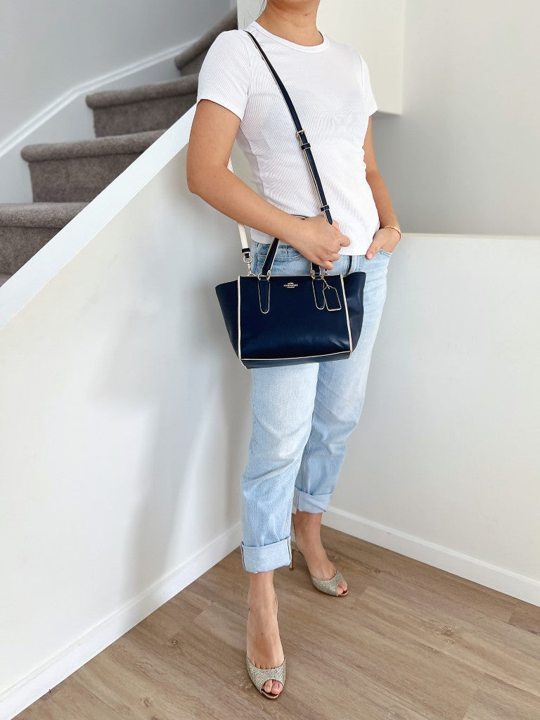 Coach Navy Leather Front Logo 2 Way Shoulder Bag