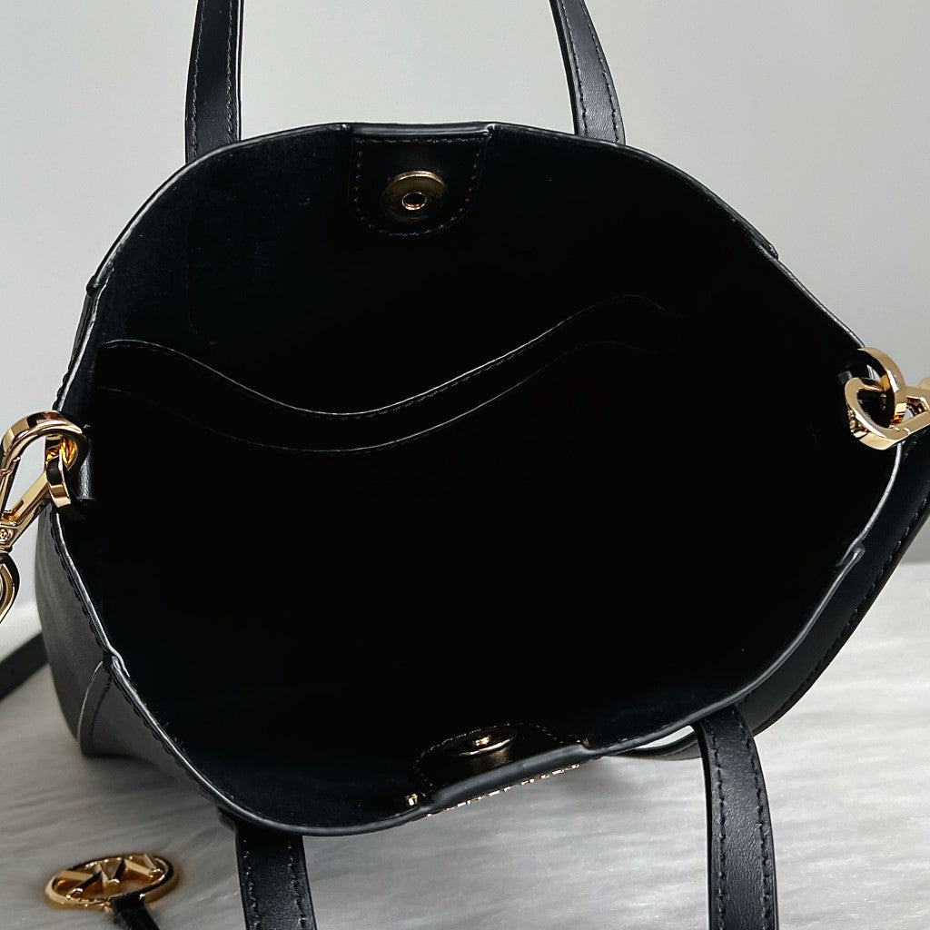 Michael Kors Black Leather Front Logo MK Charm 2 Way Shoulder Bag Like New