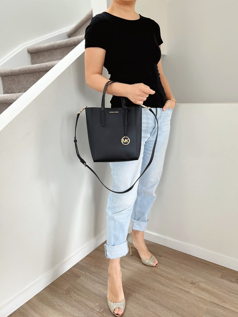 Michael Kors Black Leather Front Logo MK Charm 2 Way Shoulder Bag Like New