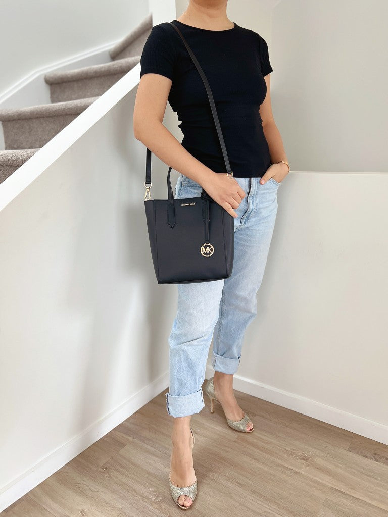 Michael Kors Black Leather Front Logo MK Charm 2 Way Shoulder Bag Like New