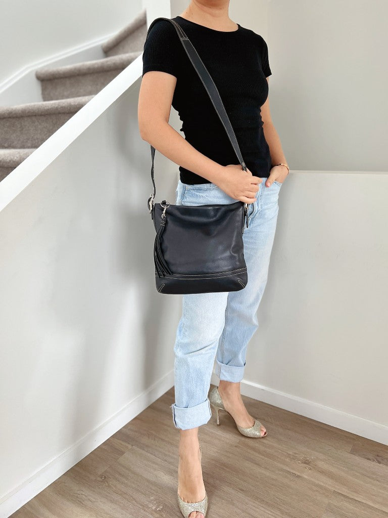Coach Black Leather Tassel Charm Crossbody Shoulder Bag Excellent