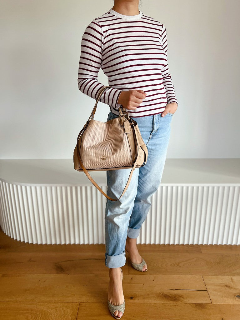 Coach Beige Leather Front Logo Patchwork 2 Way Shoulder Bag Excellent