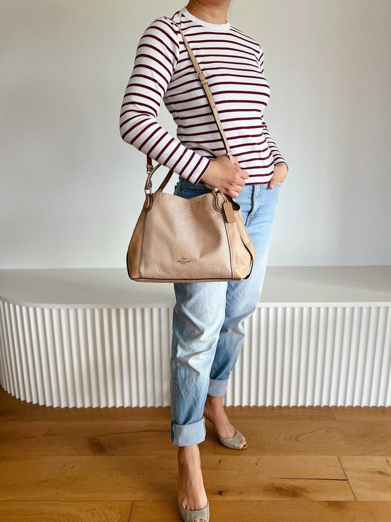 Coach Beige Leather Front Logo Patchwork 2 Way Shoulder Bag Excellent