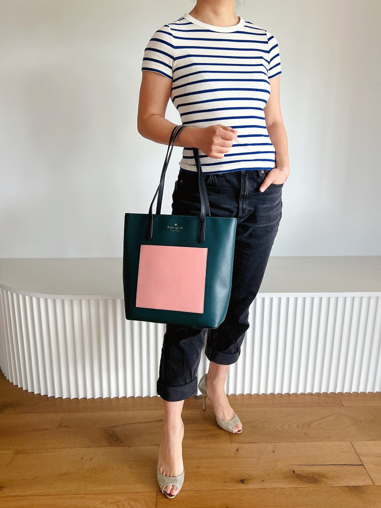 Kate Spade Tri Tone Leather Front Logo Book Tote Shoulder Bag Excellent
