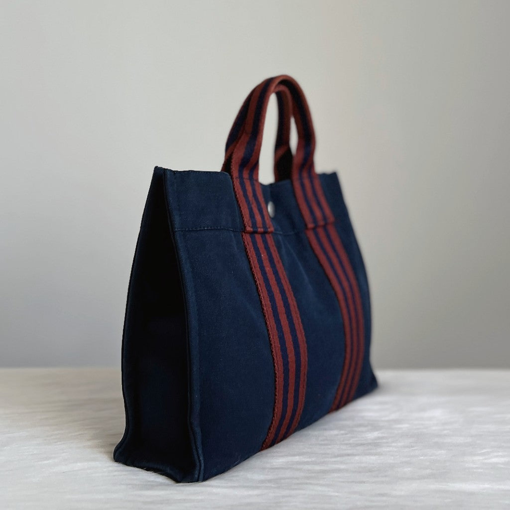 Hermes Navy Signature Stripe Detail Canvas Tote Bag Excellent