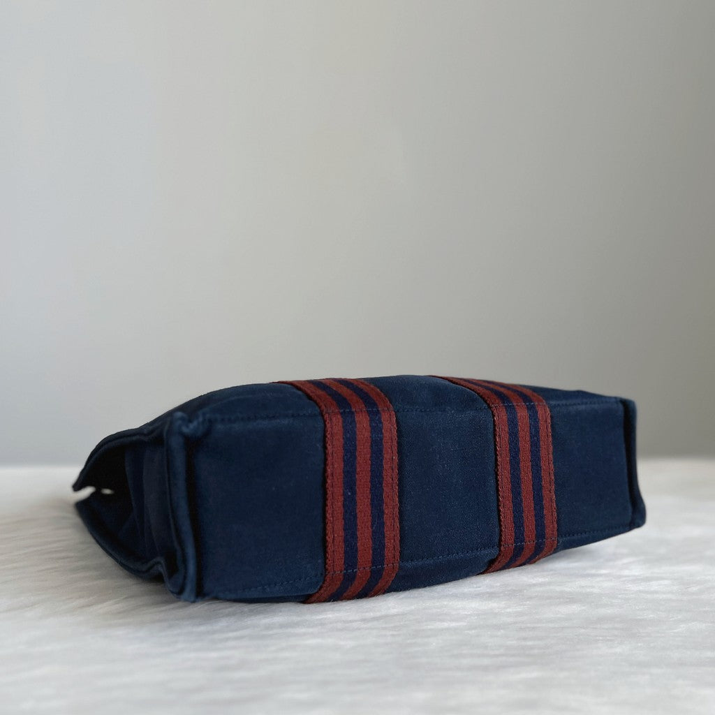 Hermes Navy Signature Stripe Detail Canvas Tote Bag Excellent