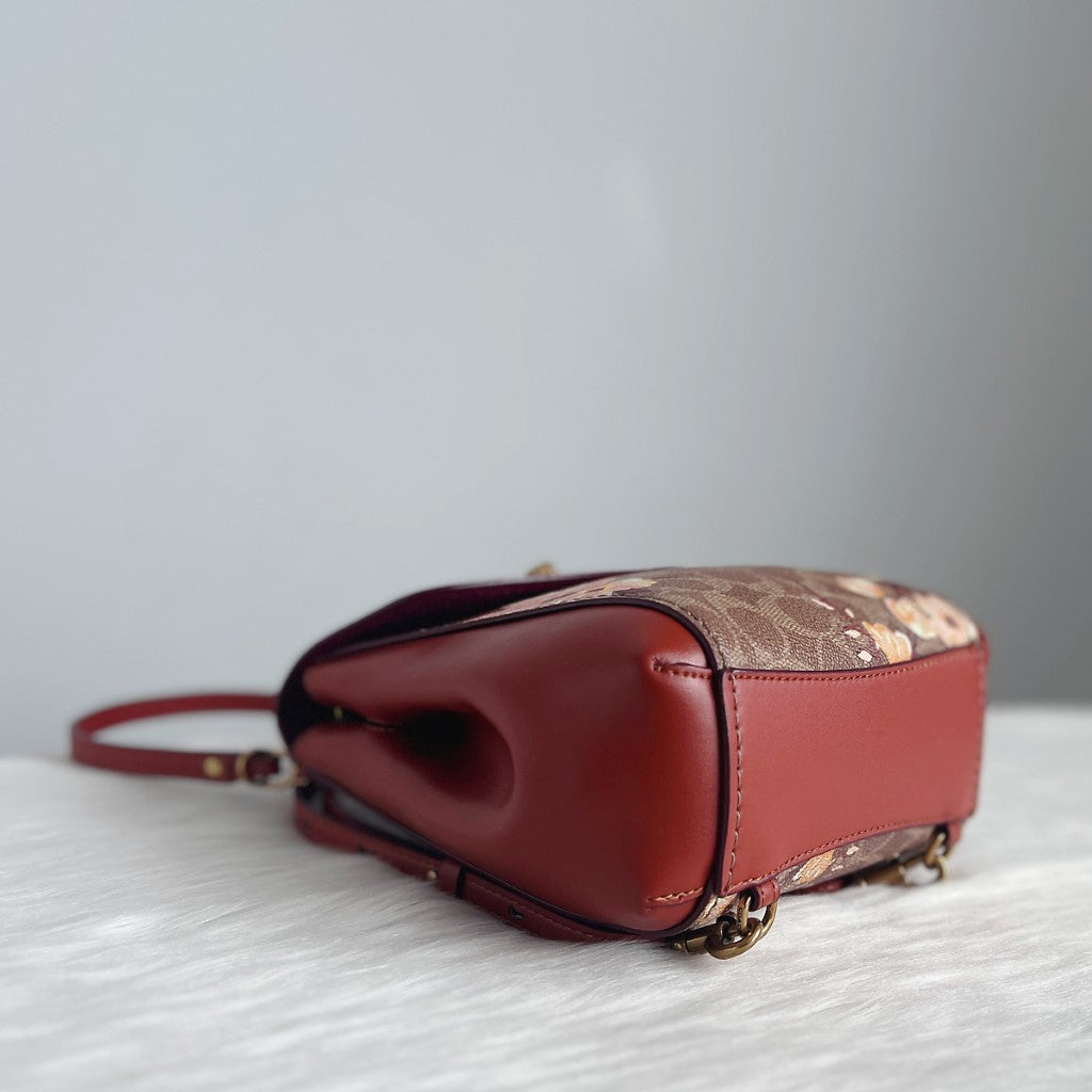 Coach Cinnamon Leather Floral Monogram Chain Backpack Like New