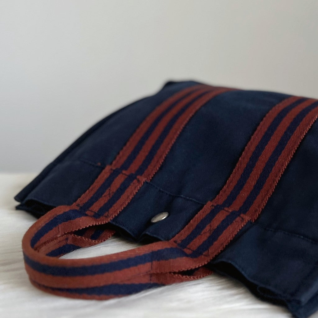 Hermes Navy Signature Stripe Detail Canvas Tote Bag Excellent