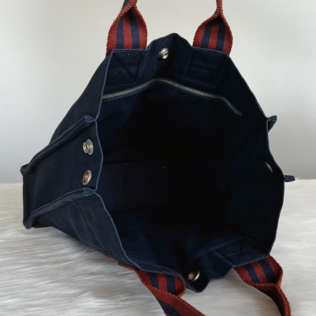 Hermes Navy Signature Stripe Detail Canvas Tote Bag Excellent