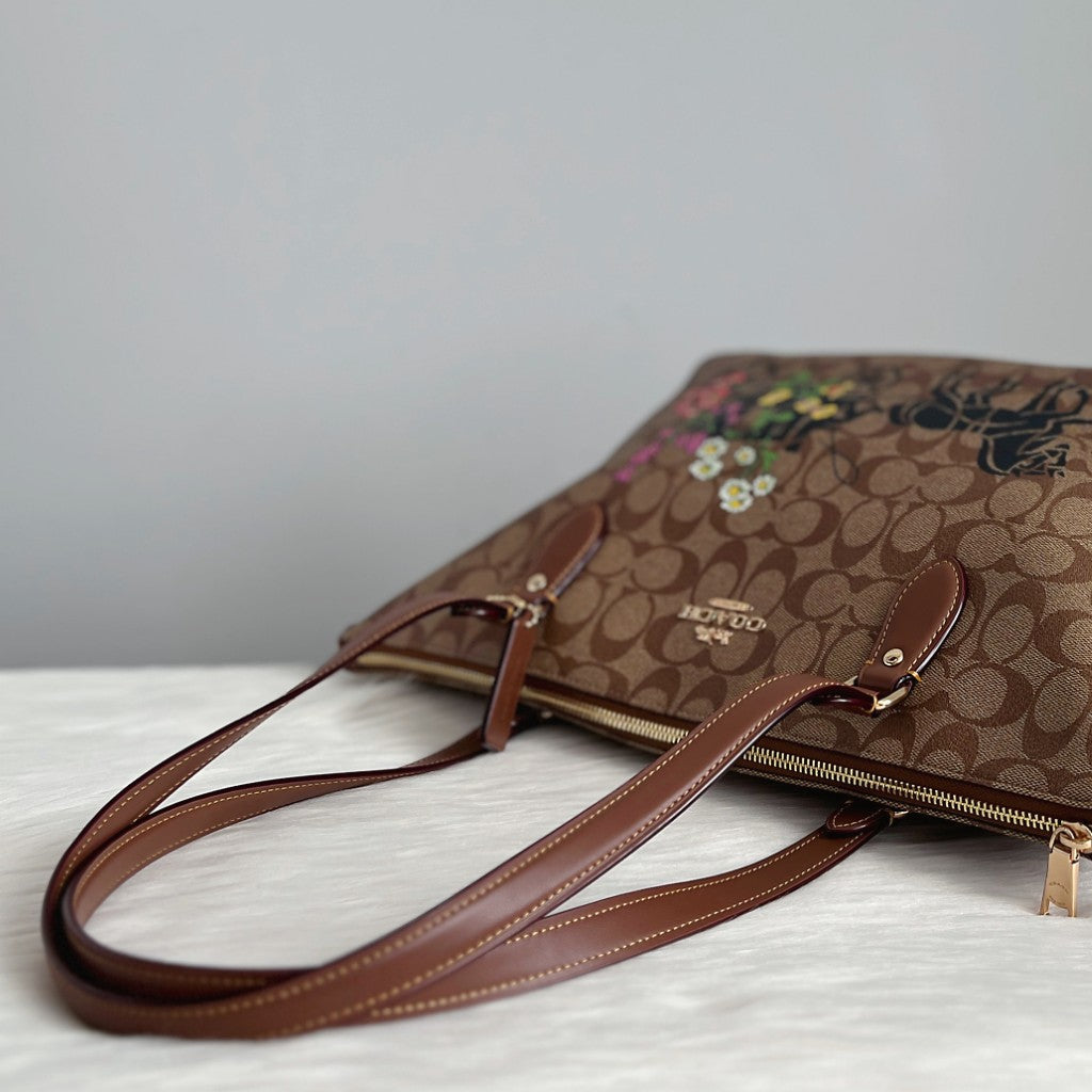 Coach Caramel Leather Monogram Signature Pattern Carryall Shoulder Bag Like New