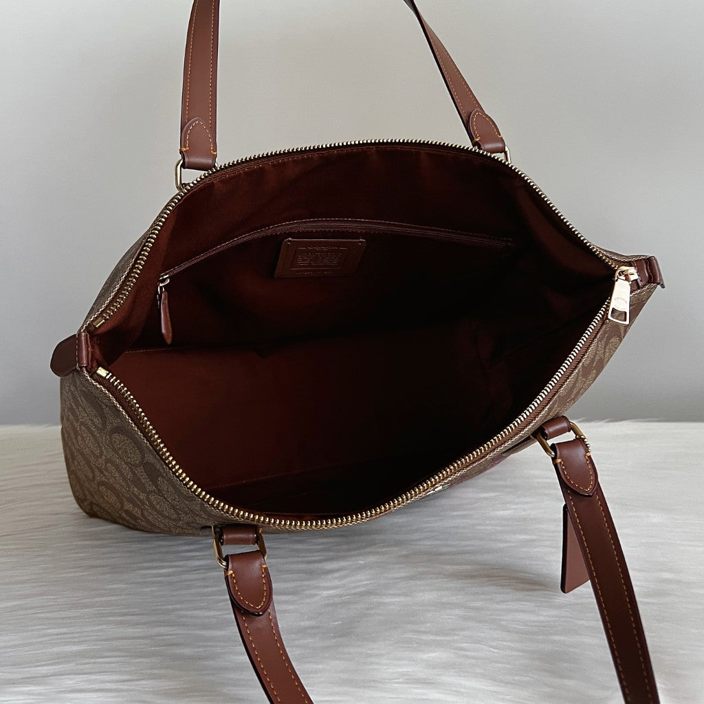 Coach Caramel Leather Monogram Signature Pattern Carryall Shoulder Bag Like New