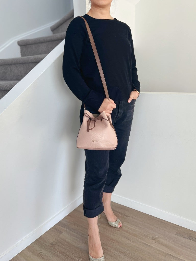 Furla Two Tone Leather Drawstring Bucket 2 Way Shoulder Bag Like New