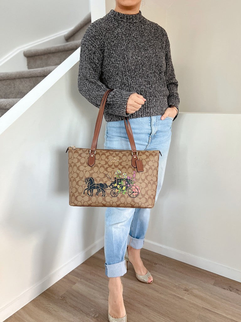 Coach Caramel Leather Monogram Signature Pattern Carryall Shoulder Bag Like New