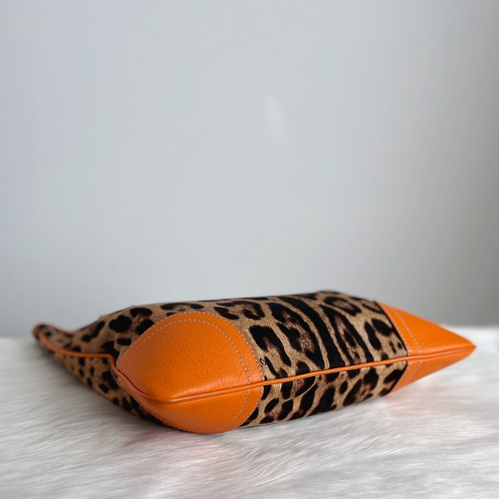 Dolce & Gabbana D&G Orange Leather Leopard Pattern Tote Bag Excellent