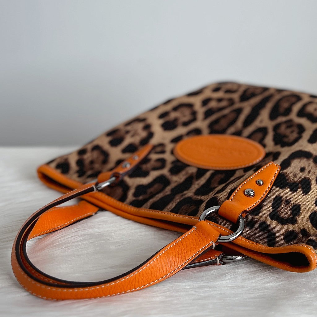 Dolce & Gabbana D&G Orange Leather Leopard Pattern Tote Bag Excellent