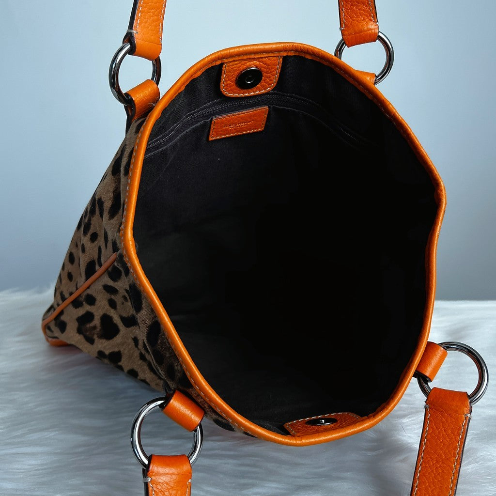Dolce & Gabbana D&G Orange Leather Leopard Pattern Tote Bag Excellent
