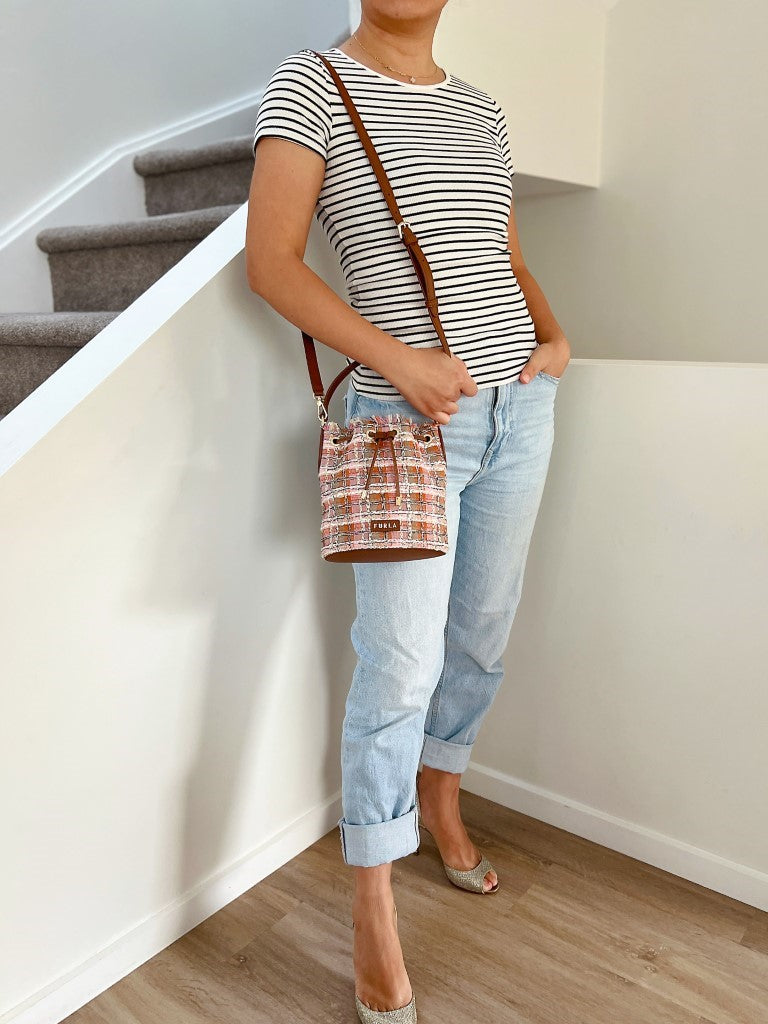 Furla Caramel Leather Drawstring Mini Bucket 2 Way Shoulder Bag Like New