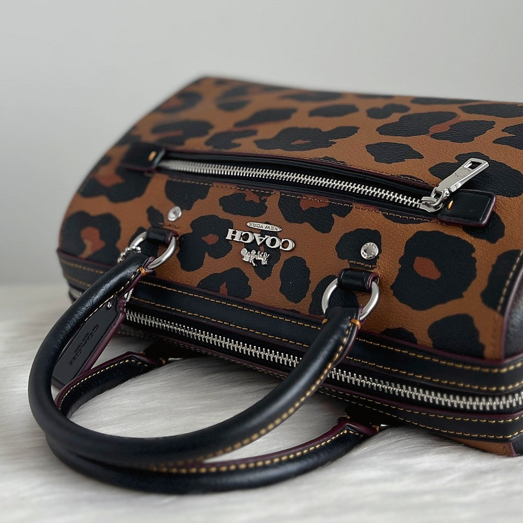 Coach Black Leather Leopard Pattern Boston 2 Way Shoulder Bag Like New