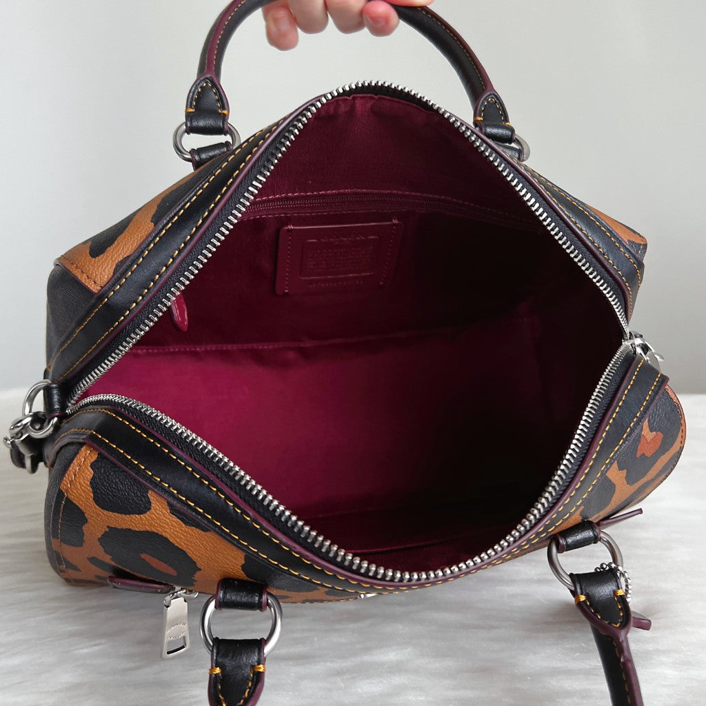 Coach Black Leather Leopard Pattern Boston 2 Way Shoulder Bag Like New