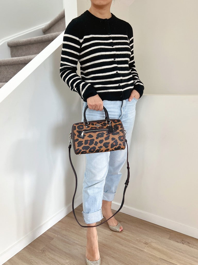 Coach Black Leather Leopard Pattern Boston 2 Way Shoulder Bag Like New