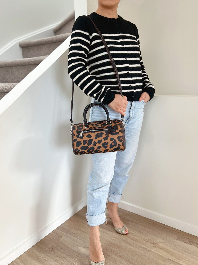 Coach Black Leather Leopard Pattern Boston 2 Way Shoulder Bag Like New