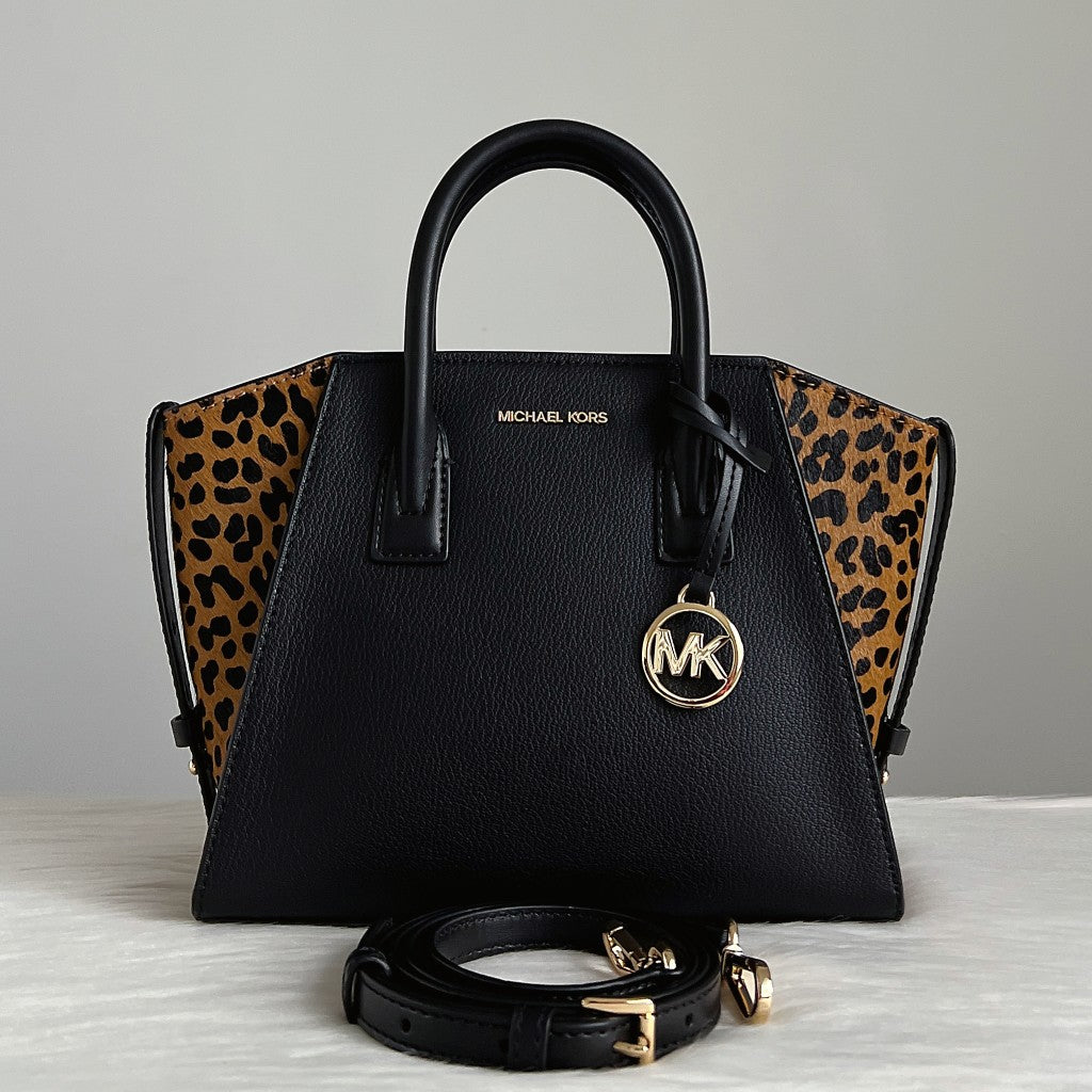 Michael Kors Black Leather Leopard Patchwork 2 Way Shoulder Bag Like New