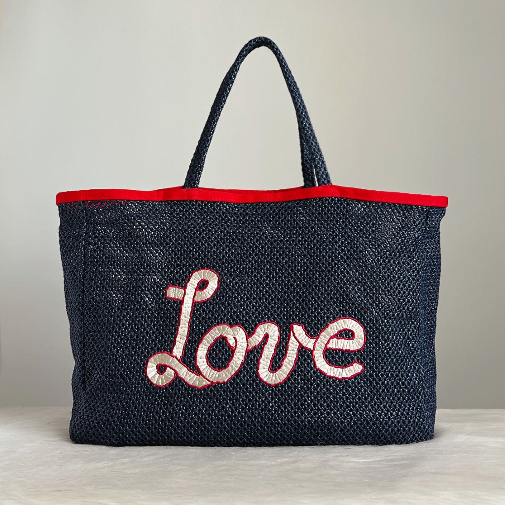 Tommy Hilfiger Navy Straw Holiday Oversized Weekend Shoulder Bag Excellent