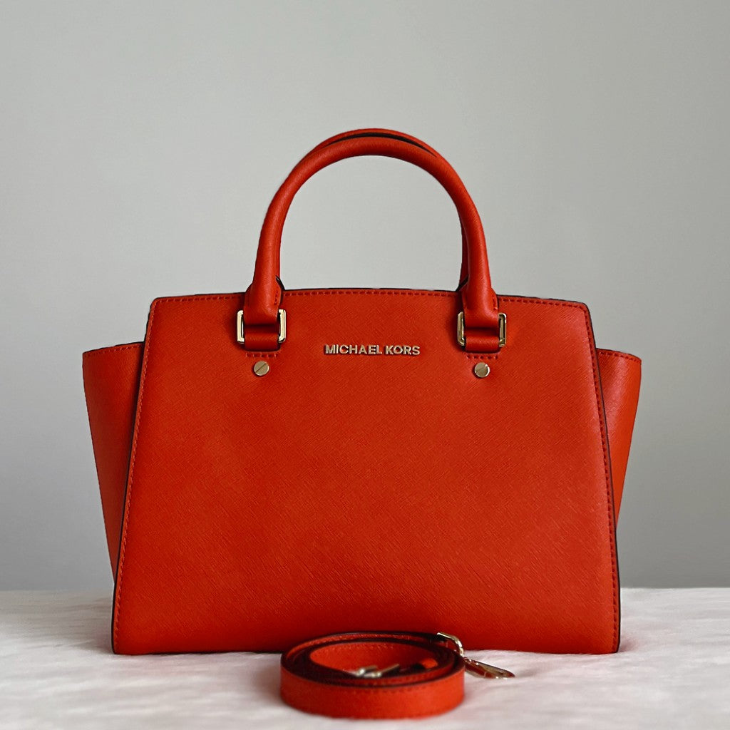 Michael Kors Orange Saffiano Leather Front Logo 2 Way Shoulder Bag Like New
