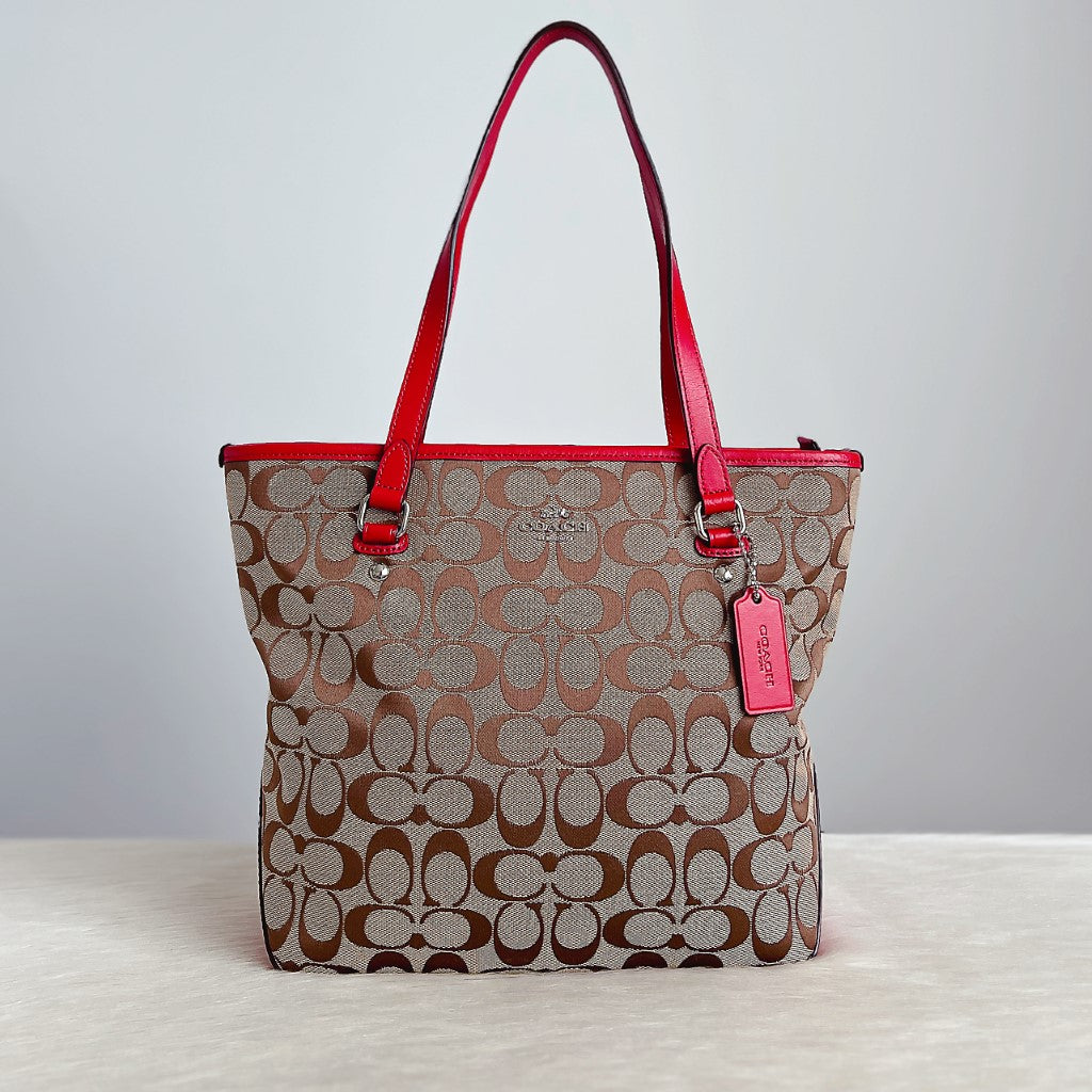 Coach Red Leather Signature Monogram Shoulder Bag Like New