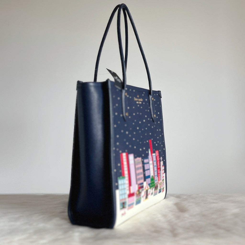 Kate Spade Navy Leather Christmas Holiday Book Tote Shoulder Bag New with Tags