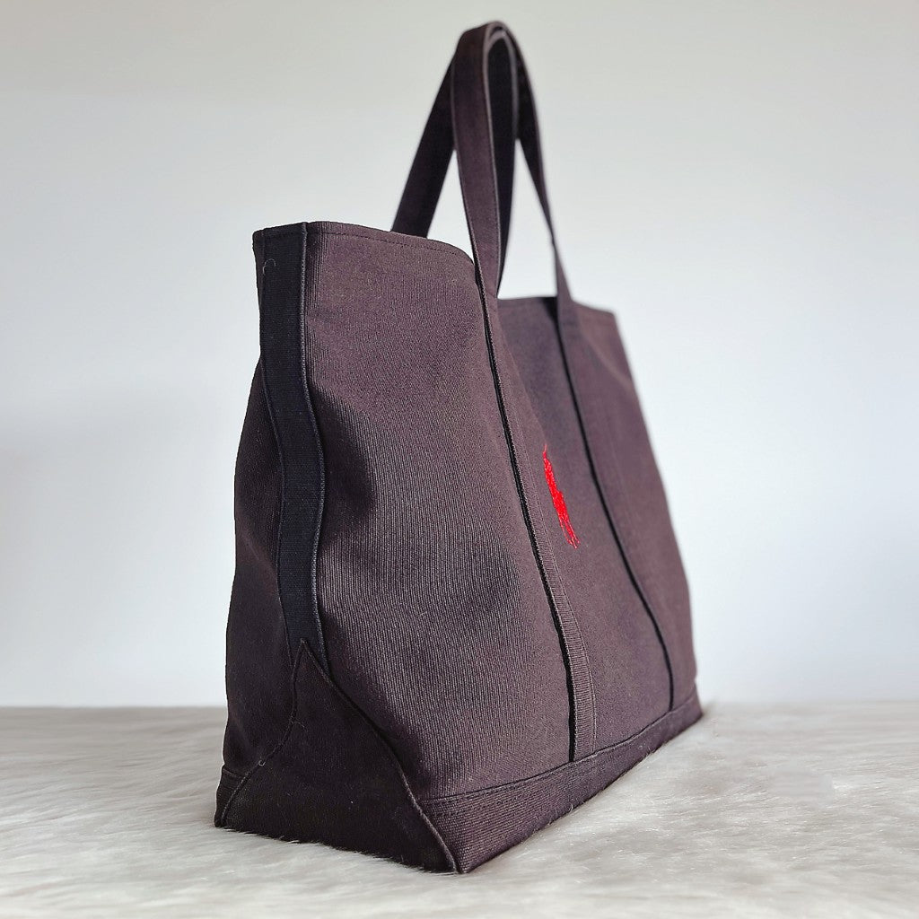 Ralph Lauren Black Canvas Front Logo Carryall Shoulder Bag Excellent