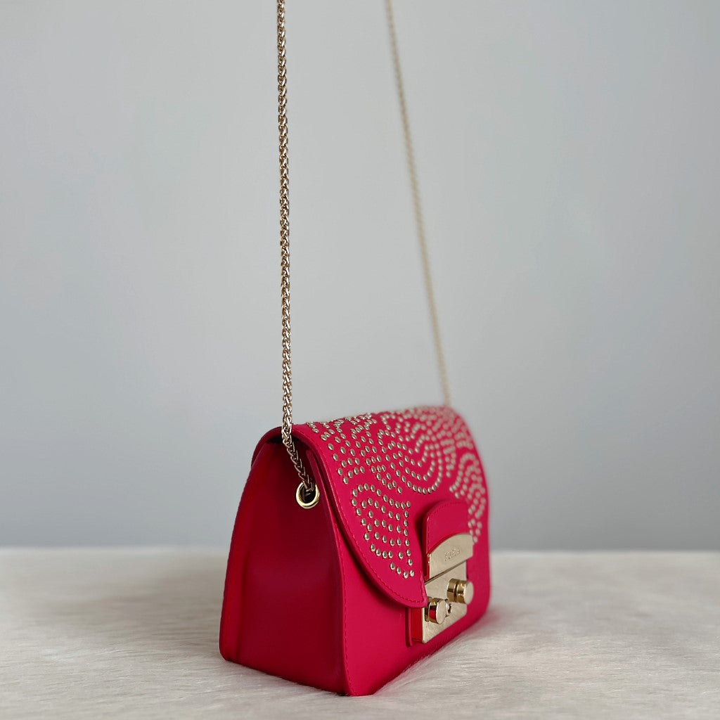 Furla Fuchsia Leather Studded Metropolis Small Crossbody Shoulder Bag Like New