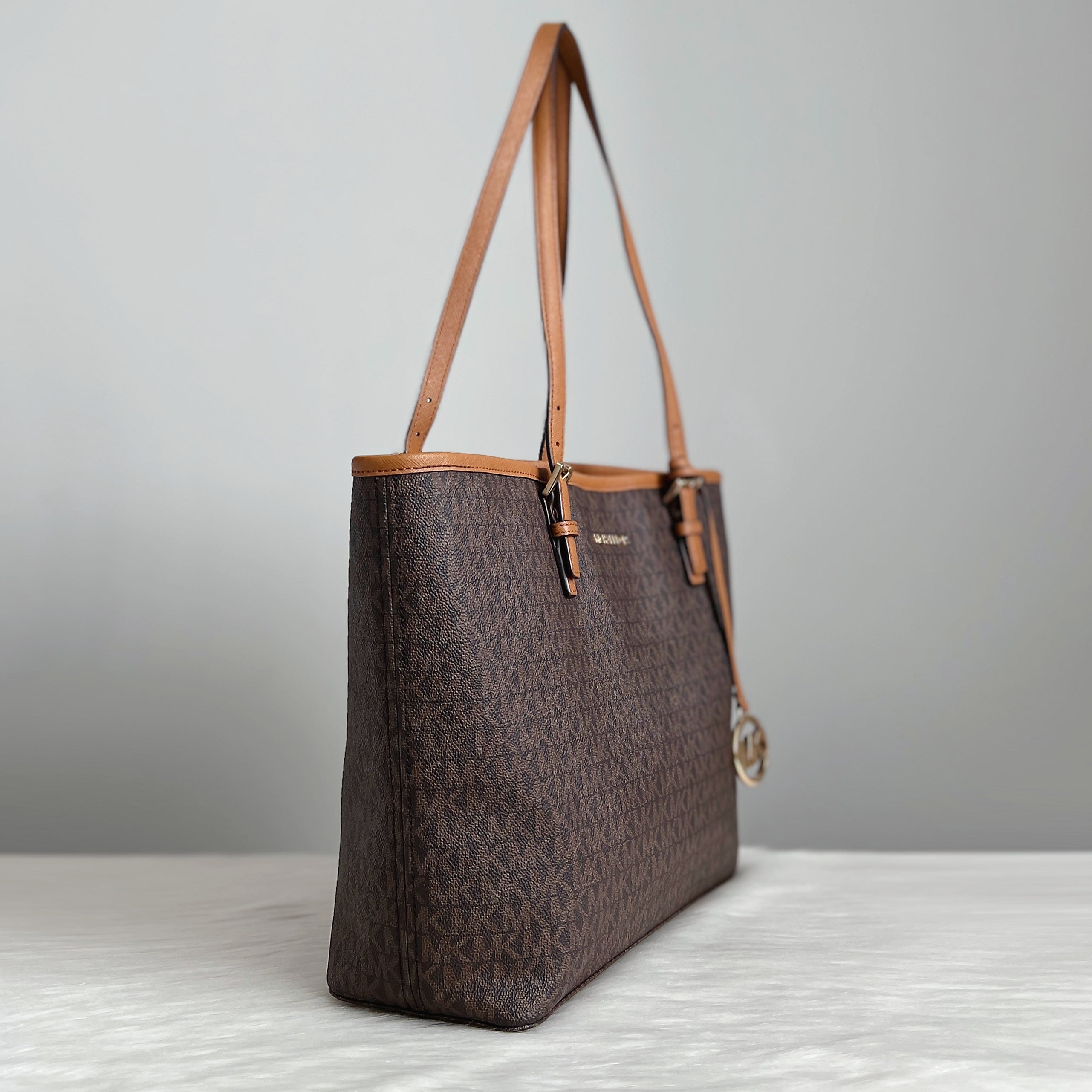 Michael Kors Caramel Leather Monogram MK Charm Shoulder Bag Excellent