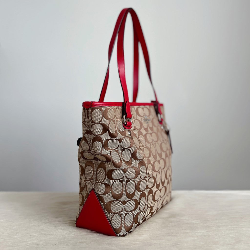 Coach Red Leather Signature Monogram Shoulder Bag Like New
