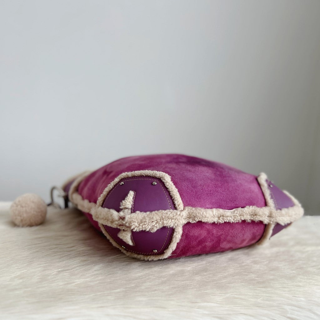 Bally Lavender Suede Pon Pon Detail Slouchy Shoulder Bag + Pouch