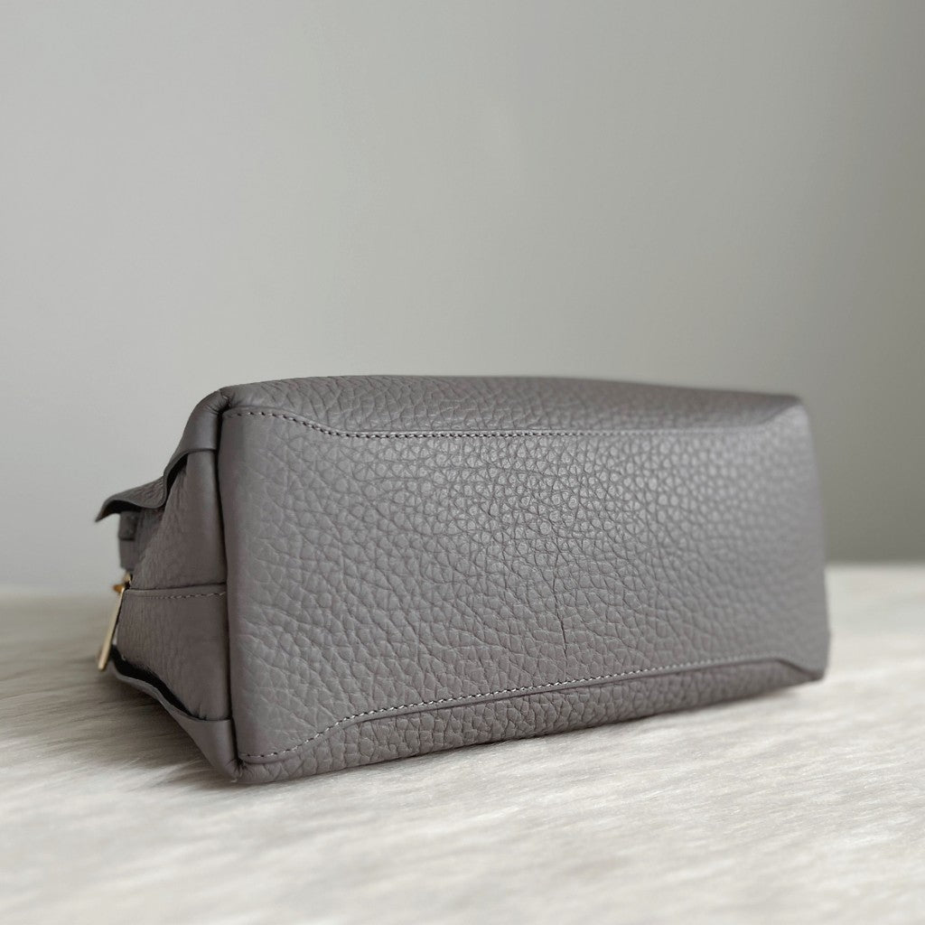 Furla Grey Leather Front Logo Boston 2 Way Shoulder Bag Like New