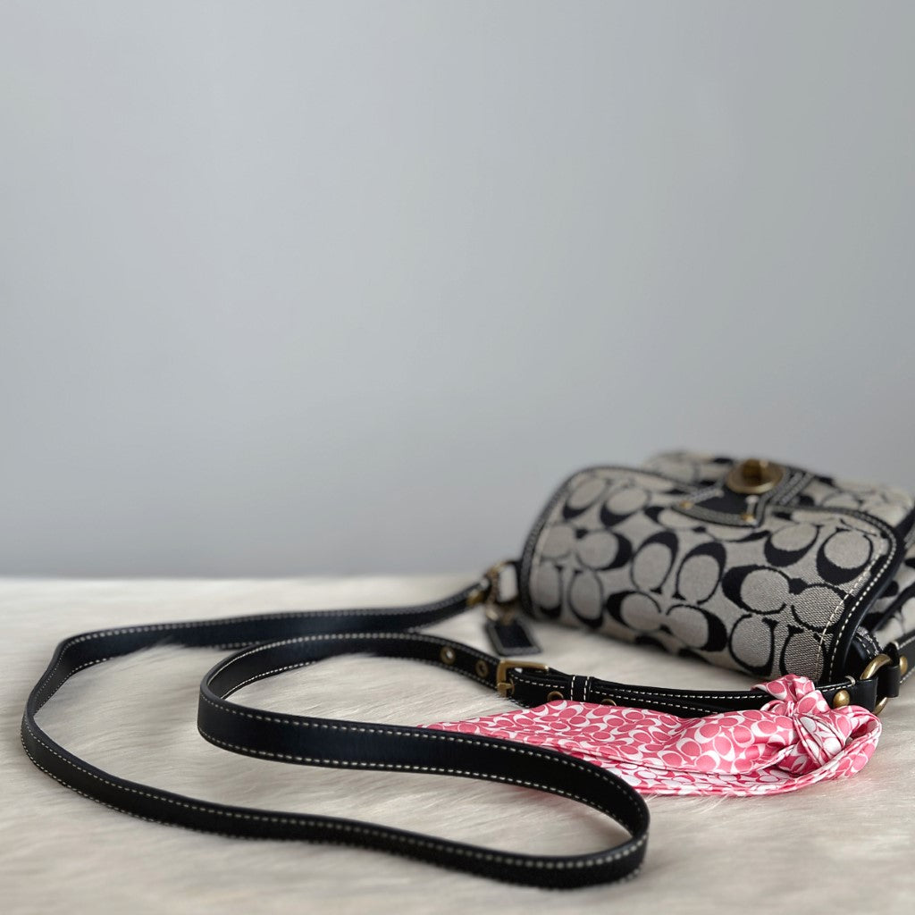 Coach Black Leather Monogram Scarf Detail Crossbody Shoulder Bag Excellent