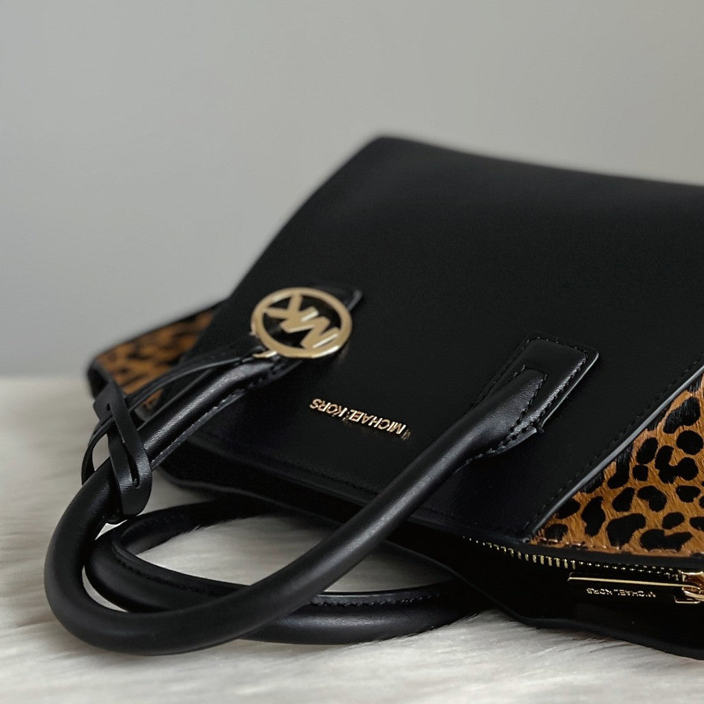 Michael Kors Black Leather Leopard Patchwork 2 Way Shoulder Bag Like New